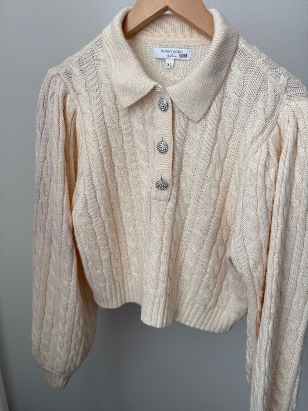 Ronny Kobo Collection Cream Cable-Knit Polo Cardigan with Rhinestone Buttons
